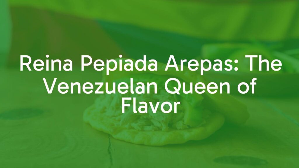 A delicious Reina Pepiada arepa, golden and crispy on the outside, filled with shredded chicken and avocado, placed on a rustic wooden table with Venezuelan flag in the background, vibrant and appetizing.