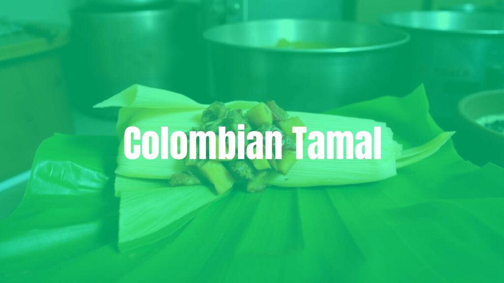 A freshly steamed Colombian tamal unwrapped on a banana leaf, showing the corn dough with meat and vegetable filling, warm and inviting, rustic kitchen setting, traditional.