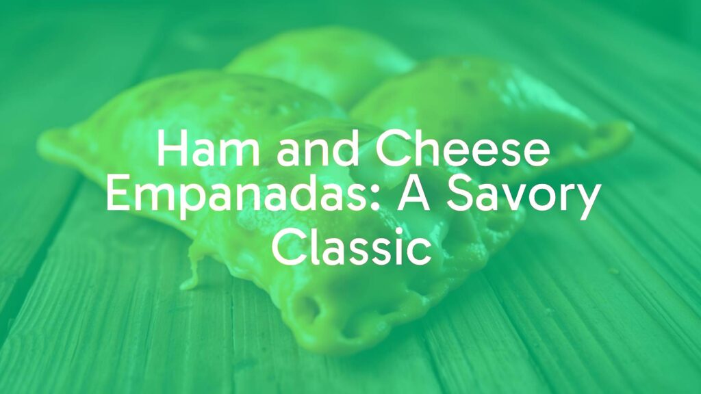 Golden brown ham and cheese empanadas on a rustic wooden table, with melted cheese stretching from a bite, warm lighting, realistic.