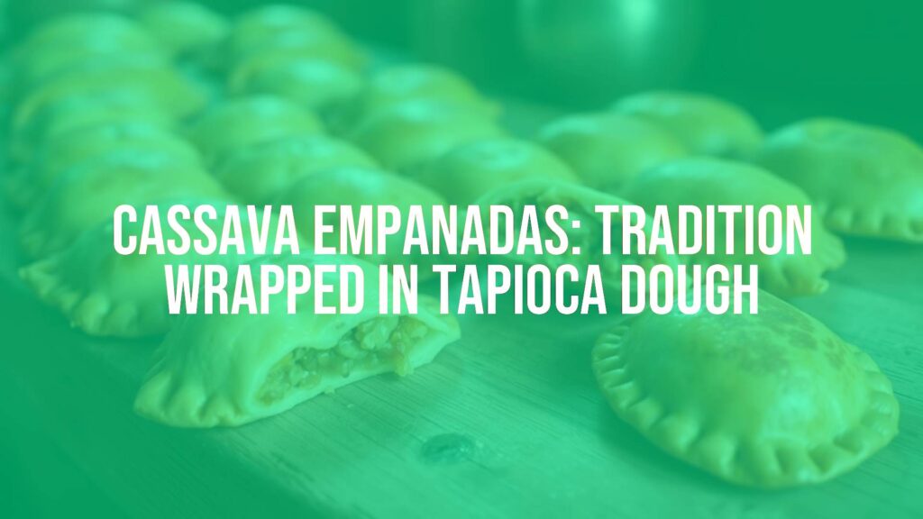 Golden-brown cassava empanadas on a rustic wooden table, sliced open to reveal a savory filling, warm lighting, traditional Latin American setting, realistic.