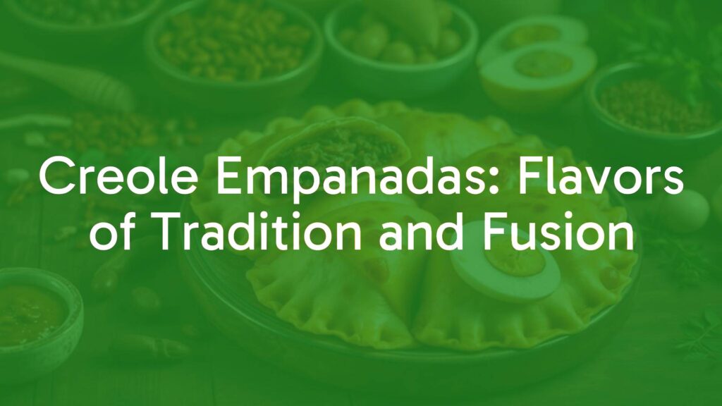Golden, flaky Creole empanadas on a rustic wooden table, filled with seasoned beef, olives, and hard-boiled eggs, surrounded by spices and fresh ingredients, warm and inviting lighting, realistic.