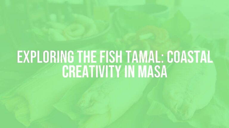 Fish tamales on a rustic wooden table, masa wrapped in banana leaves, fresh seafood garnish, coastal ambiance, vibrant colors, traditional Latin American cuisine.