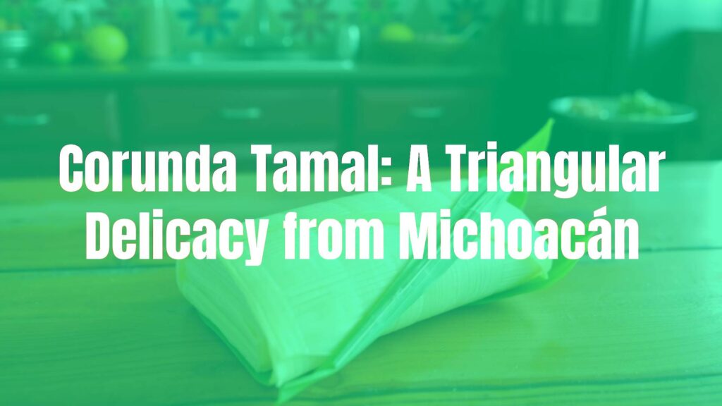 Traditional corunda tamal from Michoacán, triangular shape wrapped in fresh corn leaves, rustic wooden table, vibrant Mexican kitchen backdrop, warm lighting, realistic.